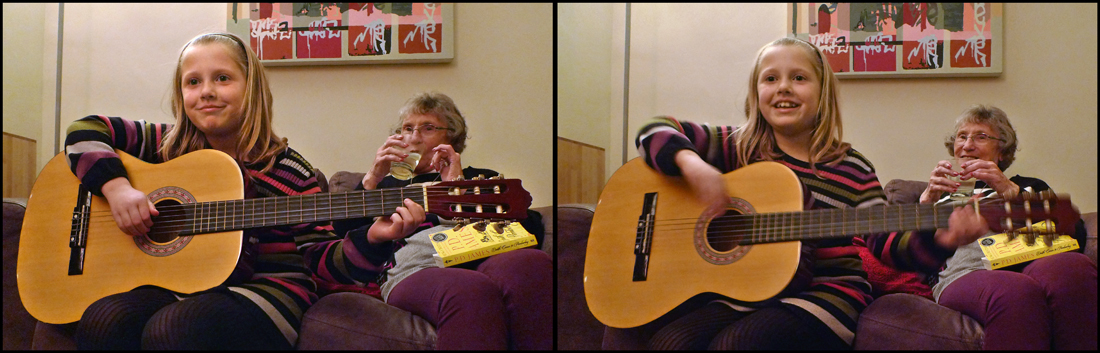 Wednesday December 26th (2012) Guitar practice for Becky and a gin and tonic for Laurie. width=