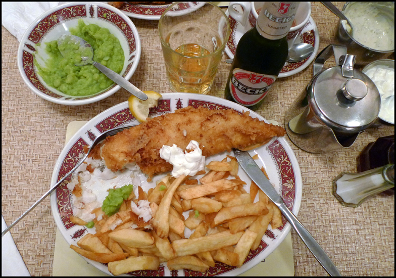 Sunday October 16th (2011) Fish and chips and mushy peas. width=