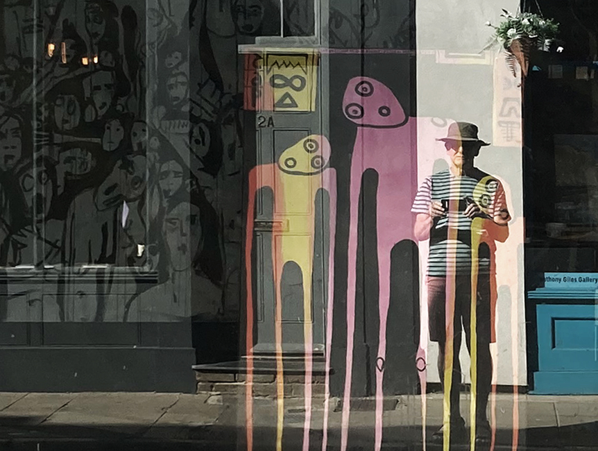 Tuesday August 26th (2025) Self portrait with hat and ghosts width=