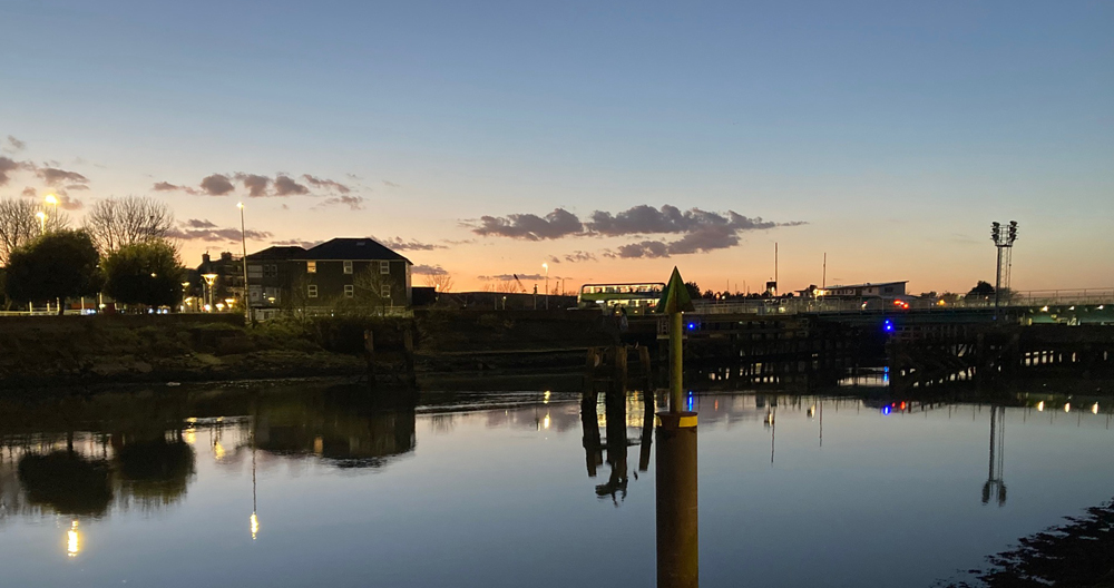 Sunday March 22nd (2026) Still waters in Newhaven at dusk width=
